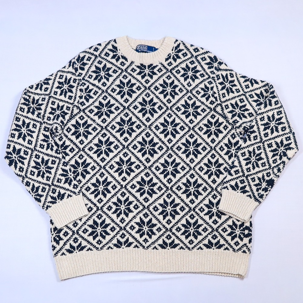 Polo Ralph Lauren Sweater Mens M Cream Blue Nordic Snowflake Hand Knit Cotton